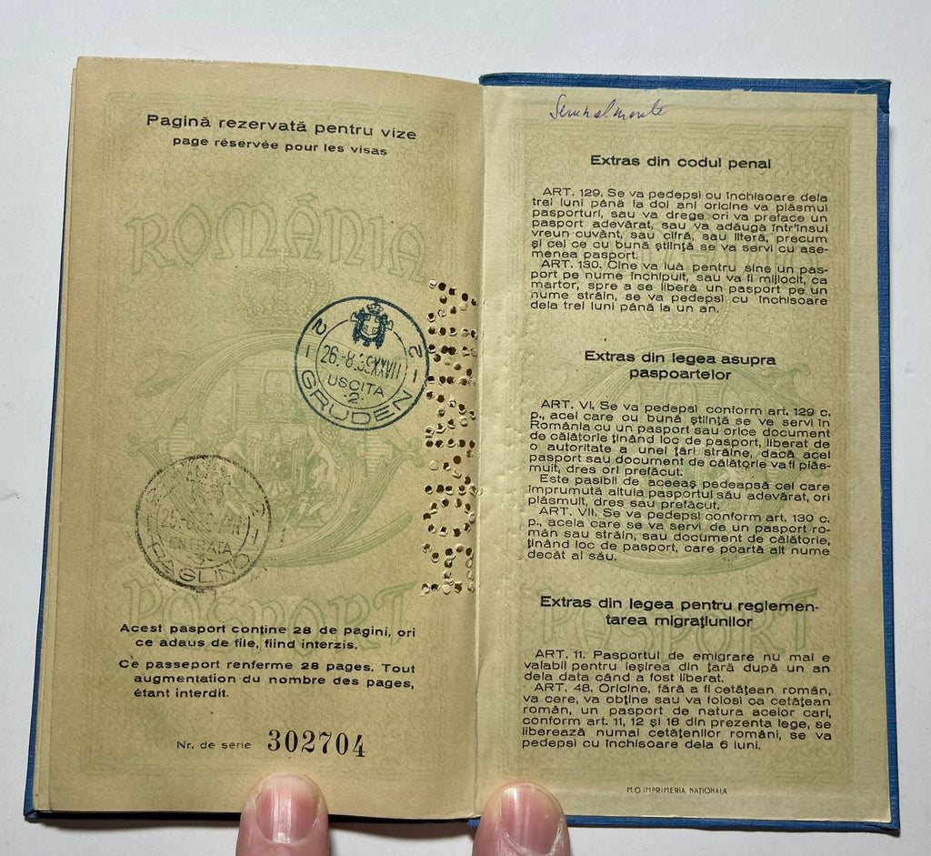 Pre-War Romanian Passport Issued to Jewish Merchant-Restricted to 1 year validity 1938-39-Rare!
