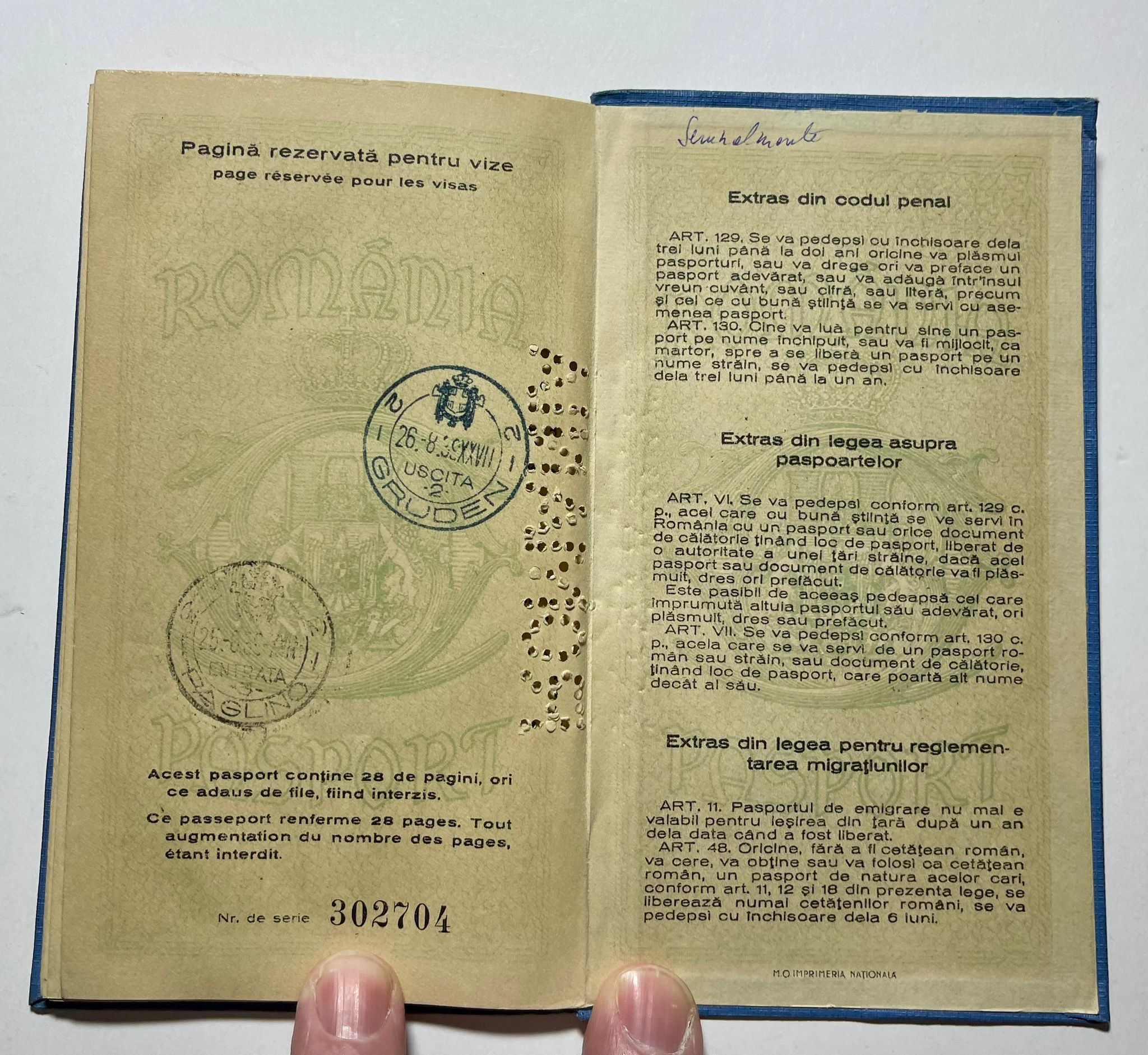 Pre-War Romanian Passport Issued to Jewish Merchant-Restricted to 1 year validity 1938-39-Rare!